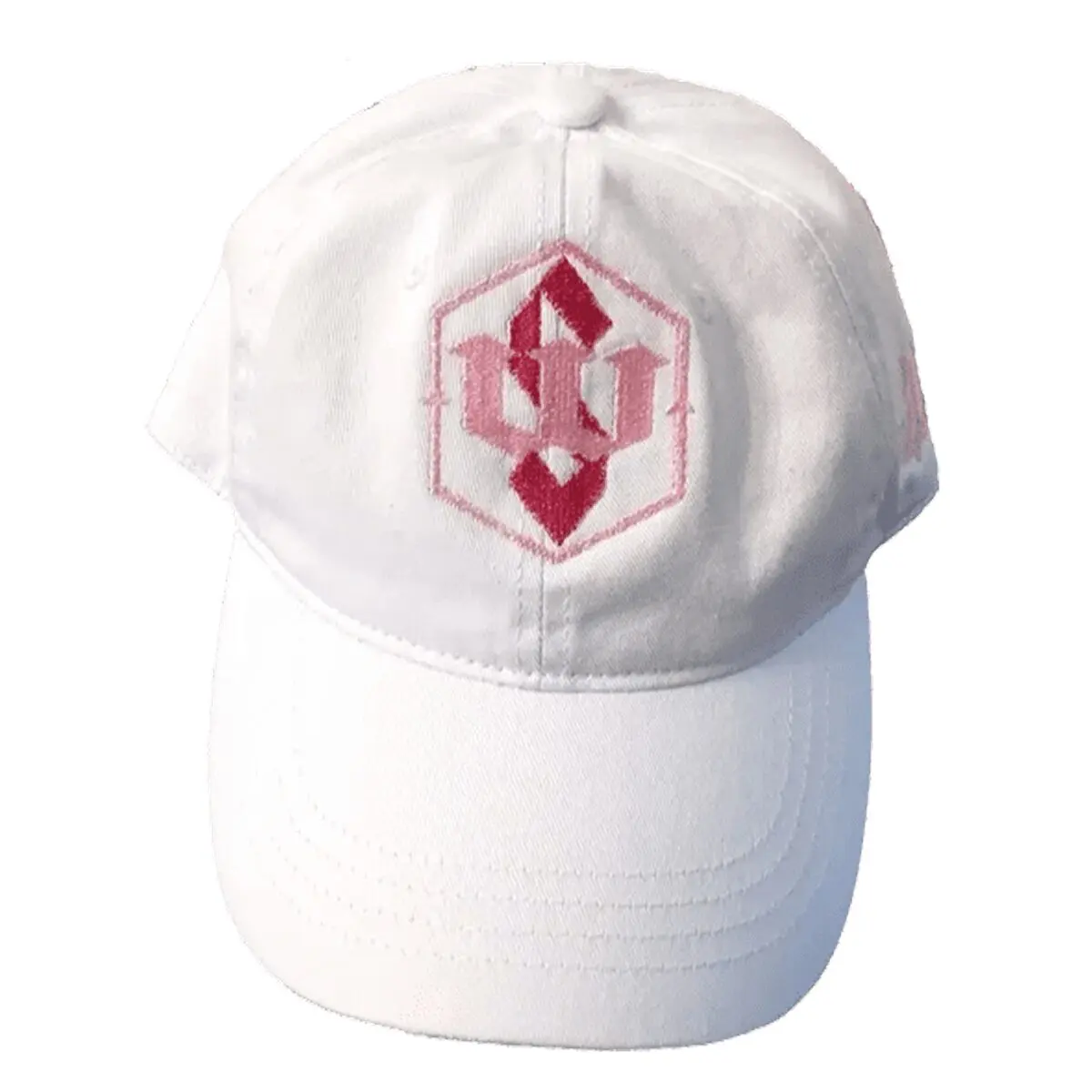 White cap with pink geometric logo